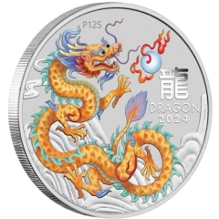 Fine Silver Coin 1oz Coloured Golden Dragon 2024 in Capsule