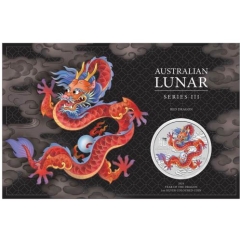 Fine Silver Coin Coloured Red Dragon 2024 in Card