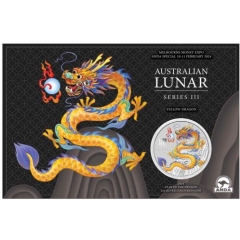 Fine Silver Coin Coloured Yellow Dragon 2024 in Card