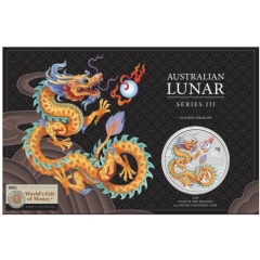 Fine Silver Coin Coloured Golden Dragon 2024 in Card