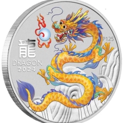 Fine Silver Coin 1oz Coloured Yellow Dragon 2024 in Capsule